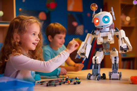玩具小孩小女孩在玩机器人背景