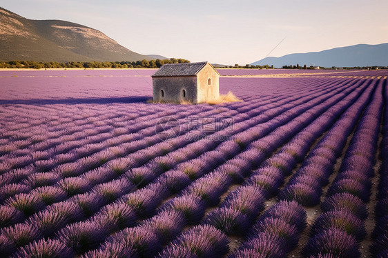 紫色花田里的房子图片