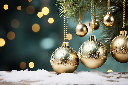 圣诞树上悬挂的金色装饰球图片