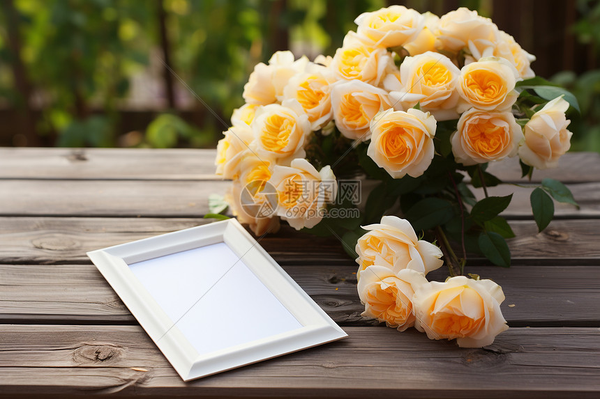 桌上的黄玫瑰花束和照片框图片