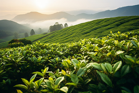 山间云雾缭绕的茶园图片