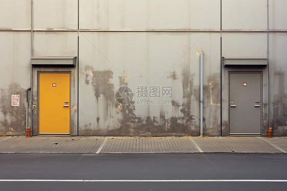 工厂建筑前有一扇黄色的铁门图片