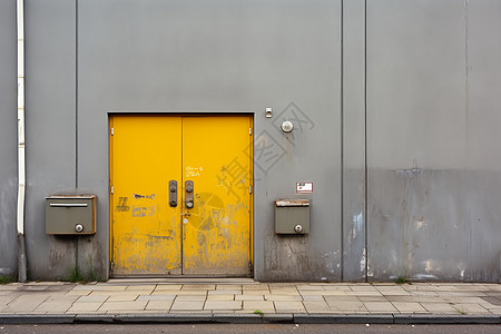 灰色建筑和黄色大门图片