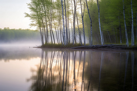 晨间的湖边森林图片