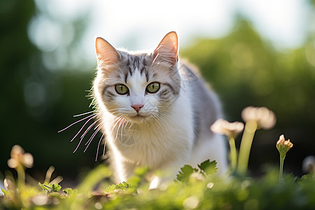 花园漫步漫步花草丛中的猫咪背景