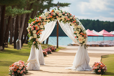 海滩上的婚礼拱门高清图片