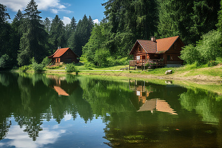 森林湖岸的小木屋图片