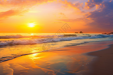 海上日出的光辉照亮沙滩背景图片