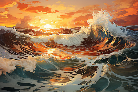 金黄落日下的海浪图片