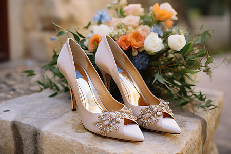 新娘鞋鲜花旁的新娘婚鞋背景