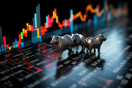 三只金属牛站在股票图上高清图片