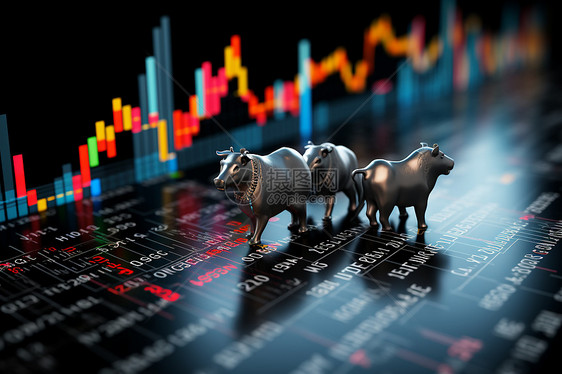 三只金属牛站在股票图上图片