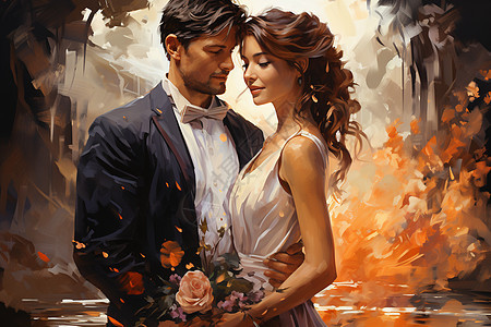 新婚夫妇油画肖像背景图片