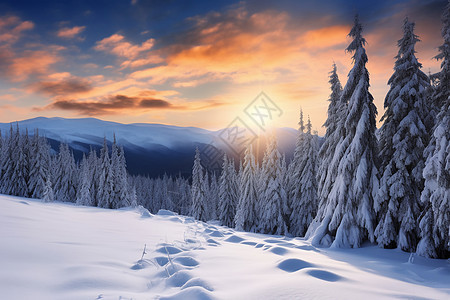 冬日晚霞中的雪景图片