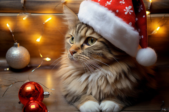 一只戴着圣诞帽子的猫图片