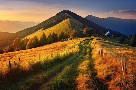 夕阳下的山峦与丘陵图片