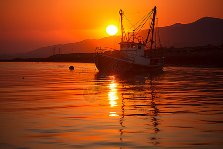 夕阳映照下的渔船图片