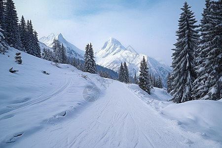 雪山林中滑雪图片