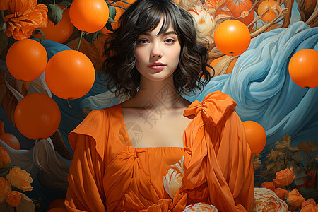 橙花缤纷的梦幻女子图片