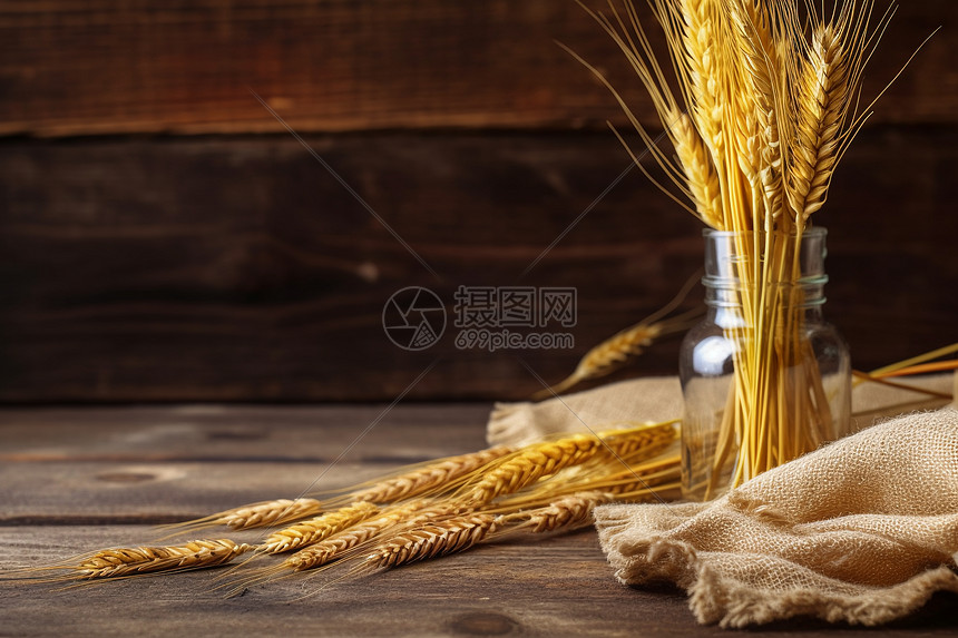 木桌上天然的麦穗图片