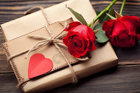 红玫瑰装饰的牛皮纸礼盒背景图片