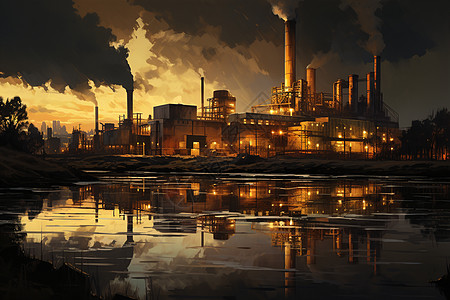湖畔旁的工业工厂插图图片