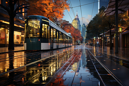 雨后城市街道上的有轨电车图片