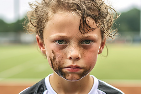 满脸泥土的足球小男孩图片