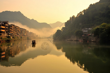 雾气弥漫的水乡河流图片