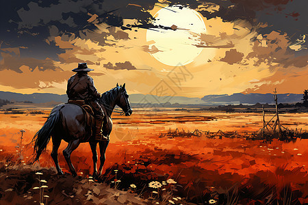 夕阳田野中的骑士油画插图图片