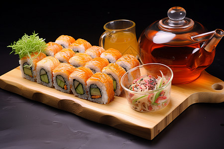 托盘上的日式三文鱼寿司图片