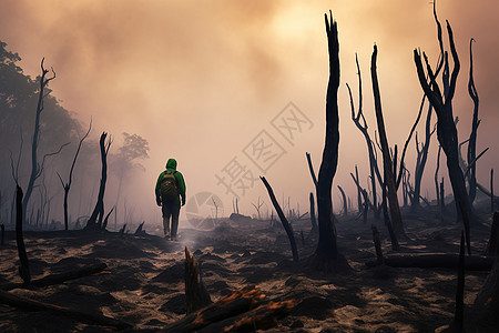 早晨 背影火灾后森林中孤独的男子插画