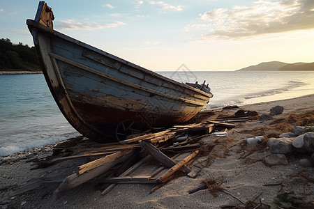 沙滩上被遗弃的木船图片