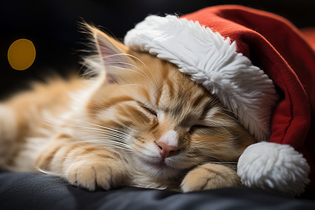带圣诞帽熟睡的小猫图片
