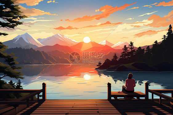 美丽的夕阳湖泊图片