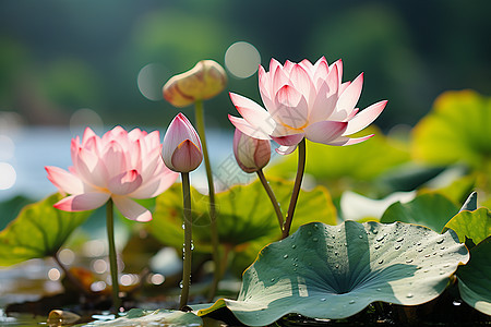 夏季花园池塘中绽放的荷花背景图片