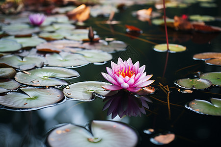 夏季花园池塘中绽放的莲花花朵图片