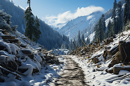 白雪皑皑的雪山小路图片