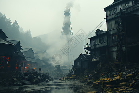 煤矿旁破旧的乡村住宅图片