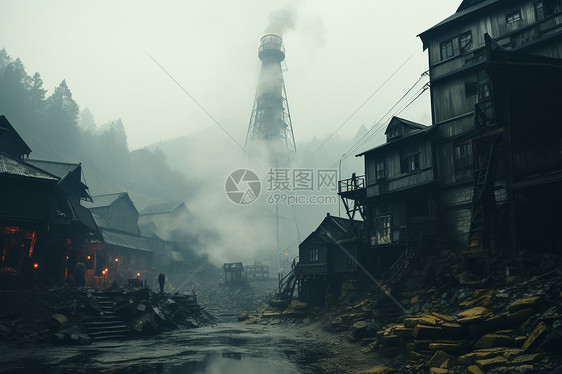 煤矿旁破旧的乡村住宅图片