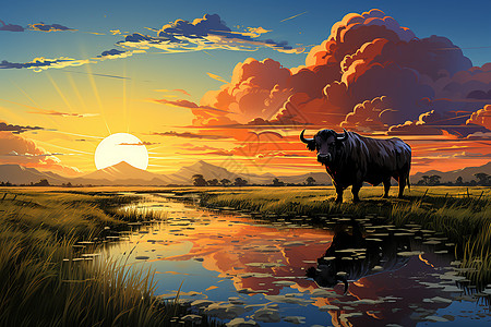 田野上孤独的水牛图片