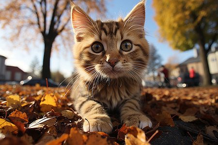 落叶上的小猫咪图片