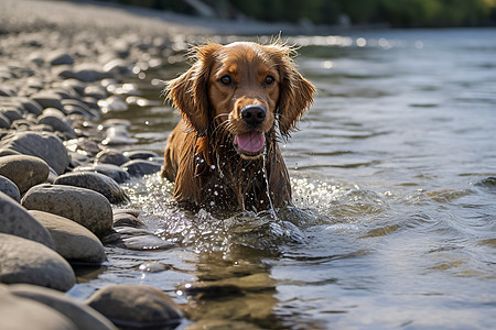 水中嬉戏的狗狗图片