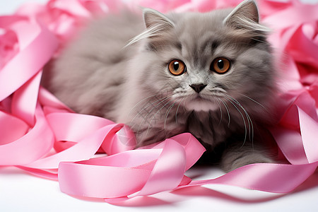粉色丝带里的小猫背景图片