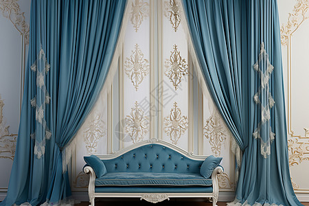 窗前青色与华丽窗帘背景图片