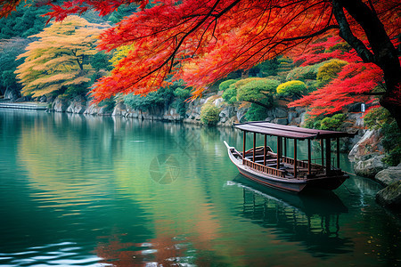 秋日红叶下的湖泊图片