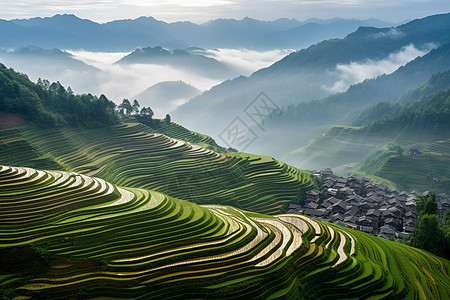 丰收梯田壮丽的山村梯田背景