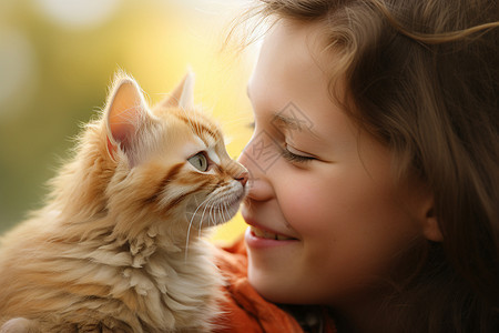 猫咪亲吻女孩的鼻子图片