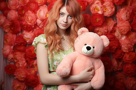 红发女郎抱着泰迪熊图片