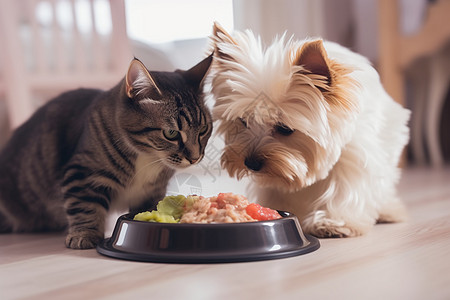 正在进食的小猫和小狗图片